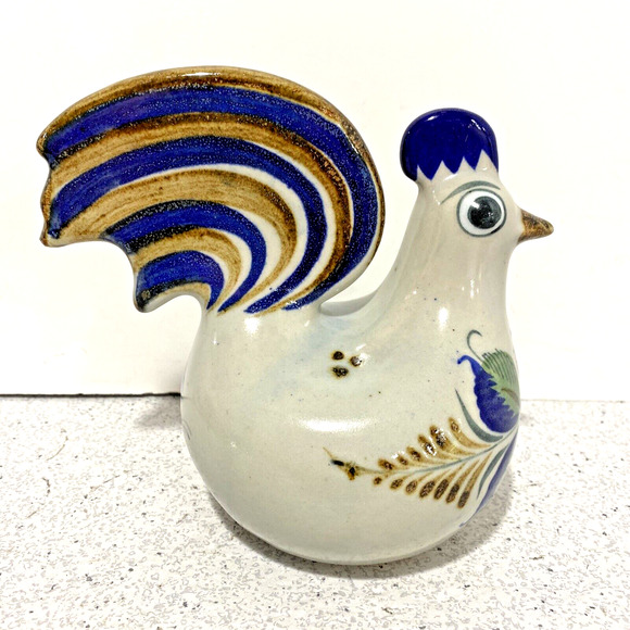 Vintage Tonala Art Pottery Chicken Bird Figure Figurine Blue Brown Green Floral - Picture 4 of 11
